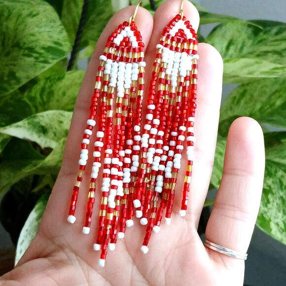 Boho Chic Beaded Fringe Dangle Earrings, Gold Red White, 4" - Picture 8 of 8